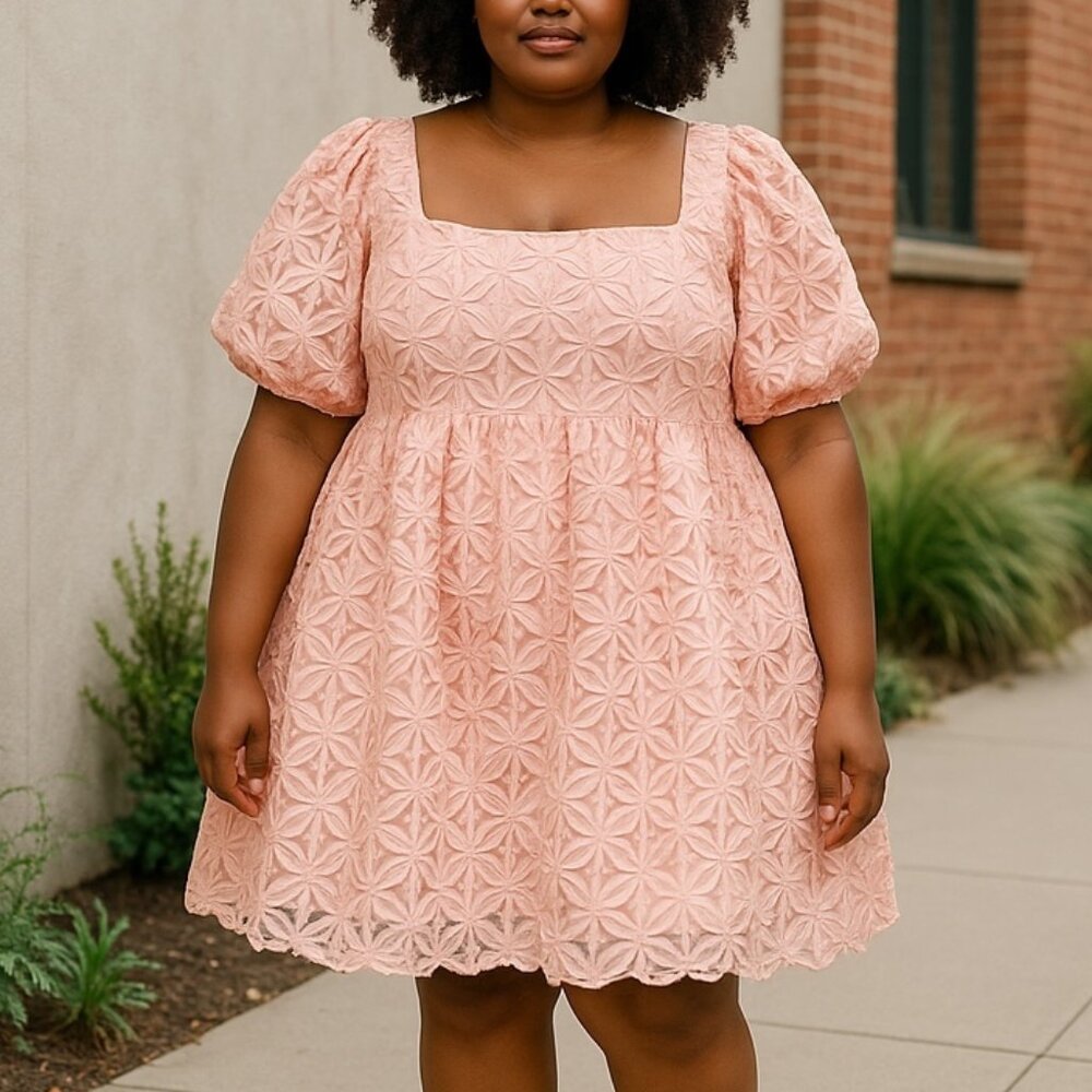 One Loved Babe Womens Pink Puff Sleeve Dress 4XL Plus Size Smocked Square Neck